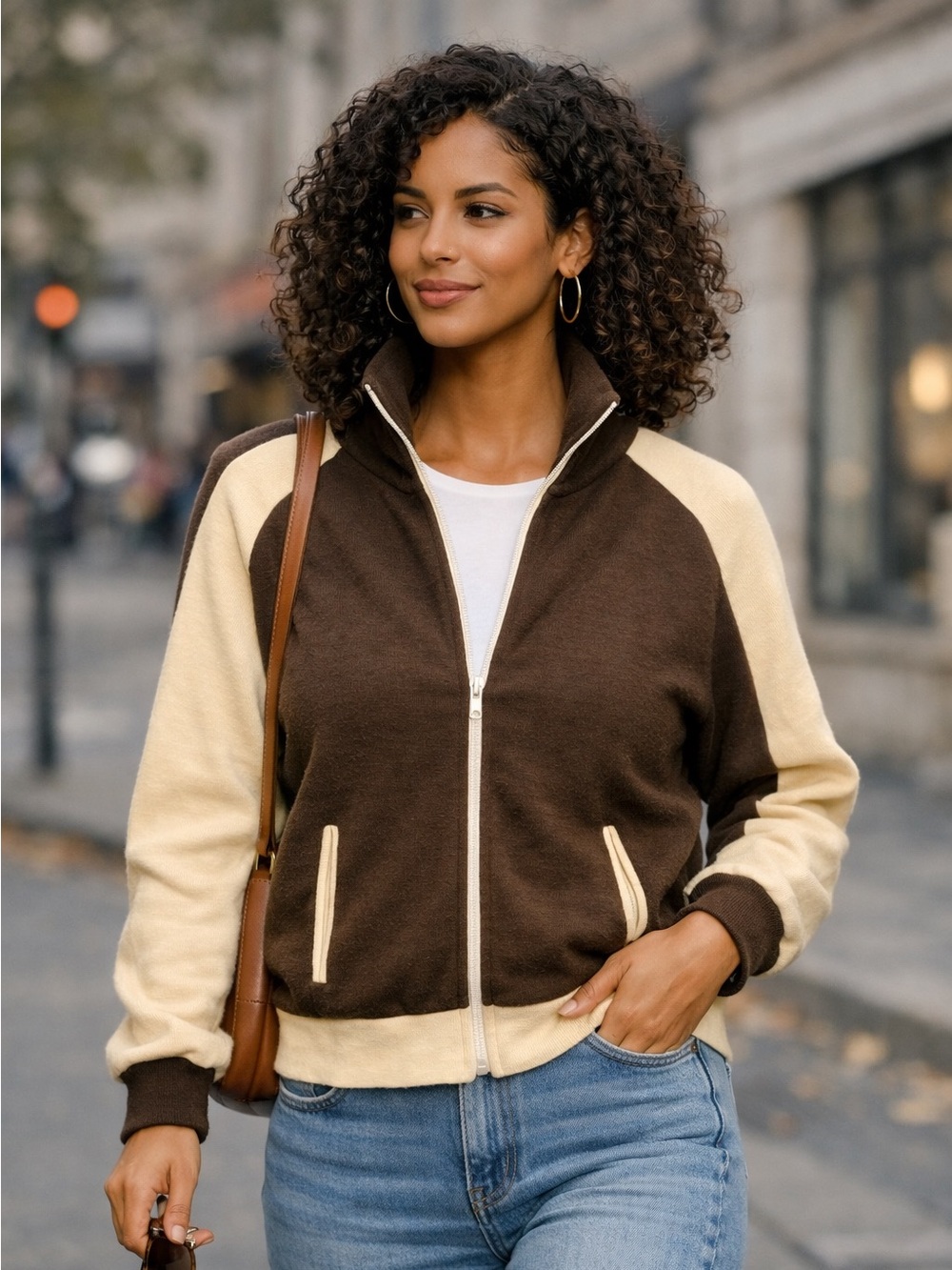 Vintage Brown and Cream Full-Zip Sweater Jacket